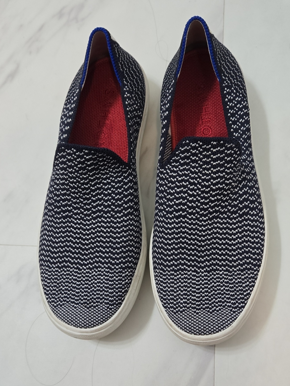 Rothy's Women's Slip-On Knit Sneakers in Navy, White and Red Insole